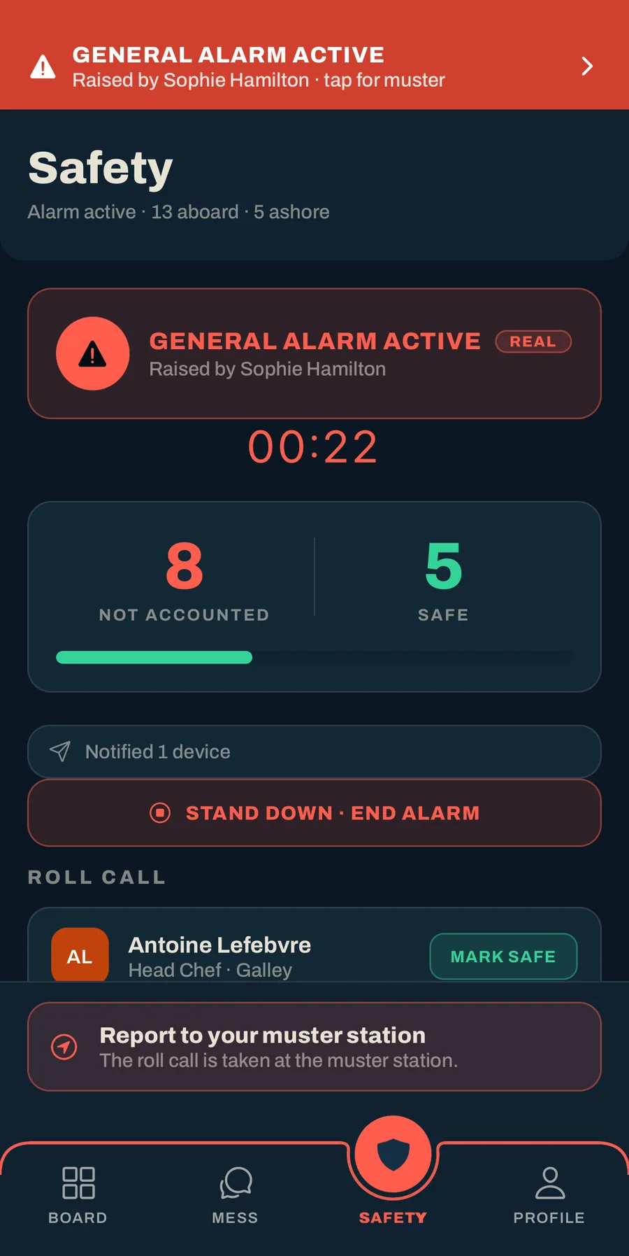 Muster roll call during an active alarm